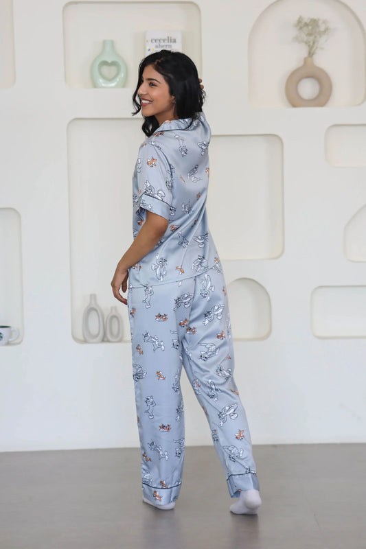 Night Wear Satin Pastel Grey Color Tom & Jerry Print Night Suit