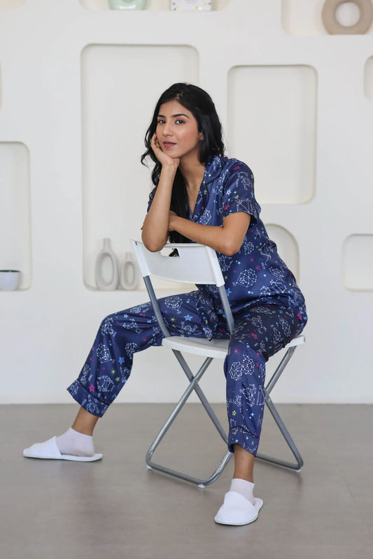 Night Wear Satin Teal Blue Color Horoscope Printed Night Suit