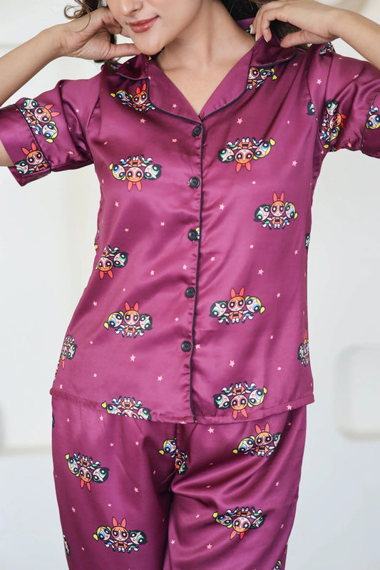 Night Wear Satin Maroon Color Power Puff Girl Cartoon Print Night Suit