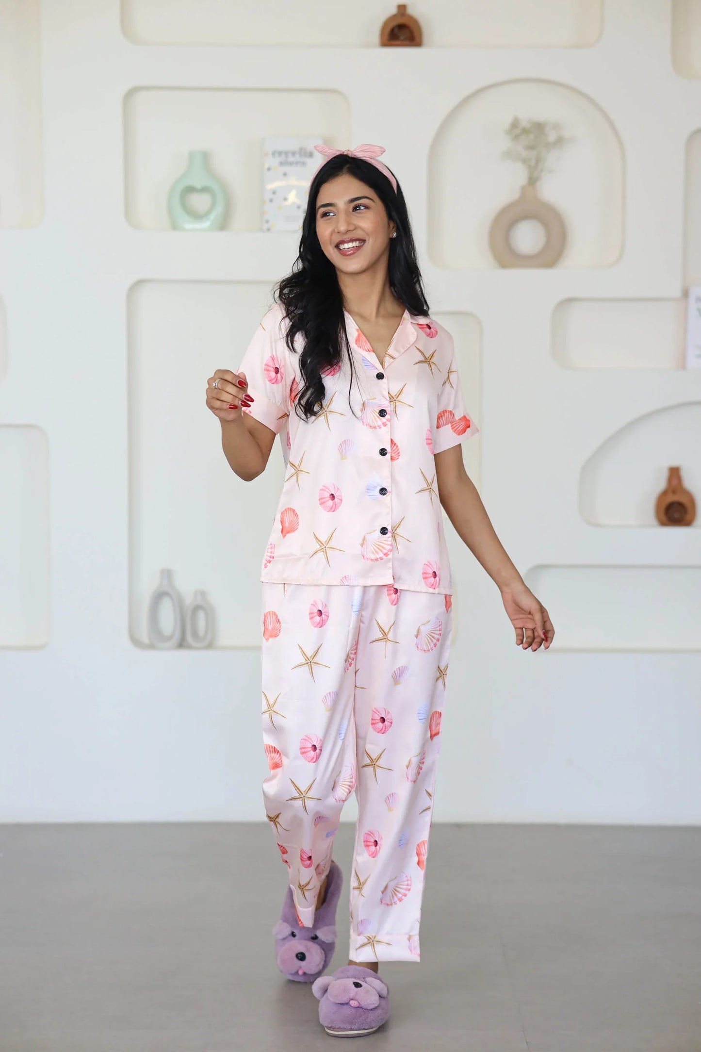 Night Wear Satin Pastel Pink Color Seashells Print Night Suit
