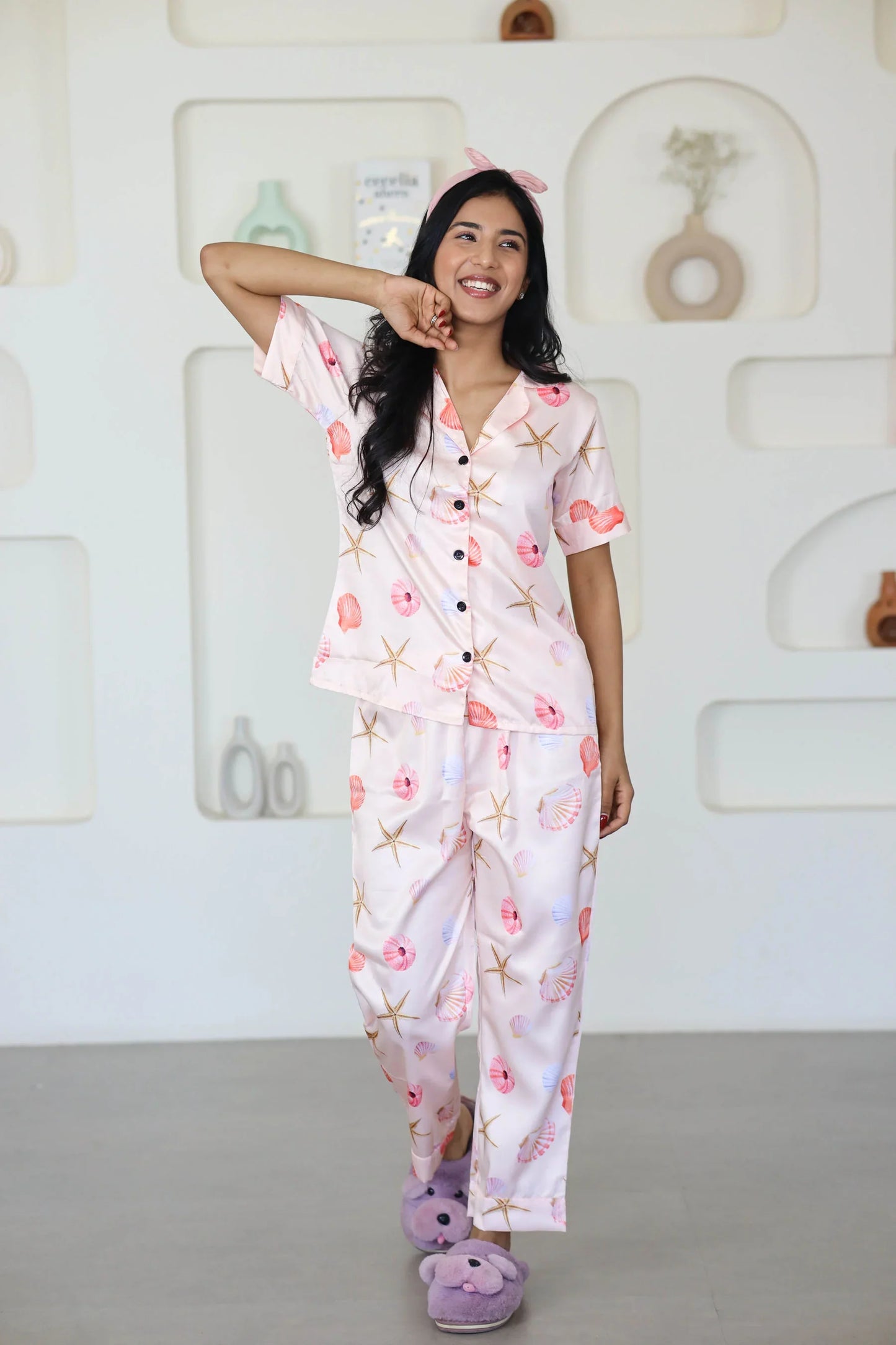 Night Wear Satin Pastel Pink Color Seashells Print Night Suit