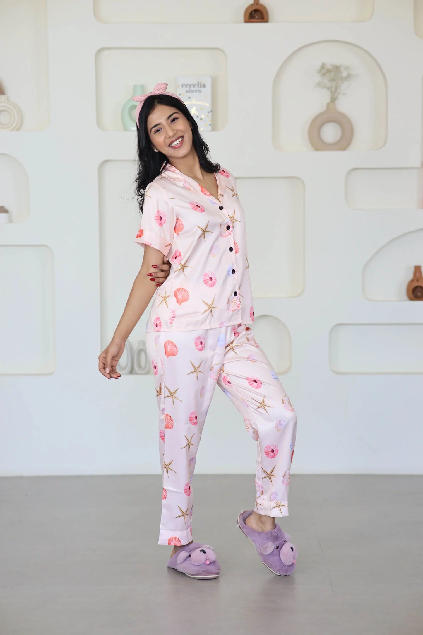 Night Wear Satin Pastel Pink Color Seashells Print Night Suit
