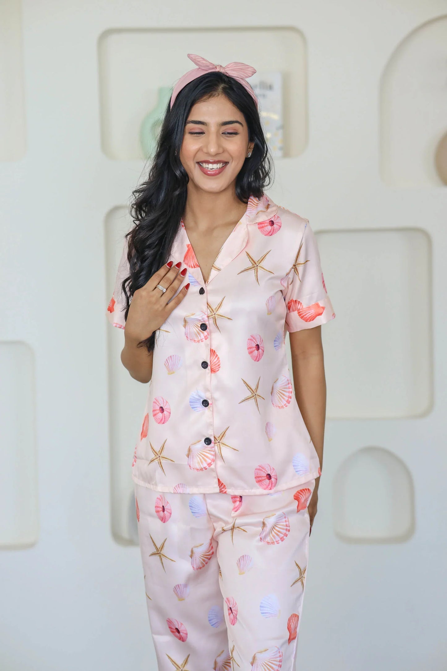 Night Wear Satin Pastel Pink Color Seashells Print Night Suit