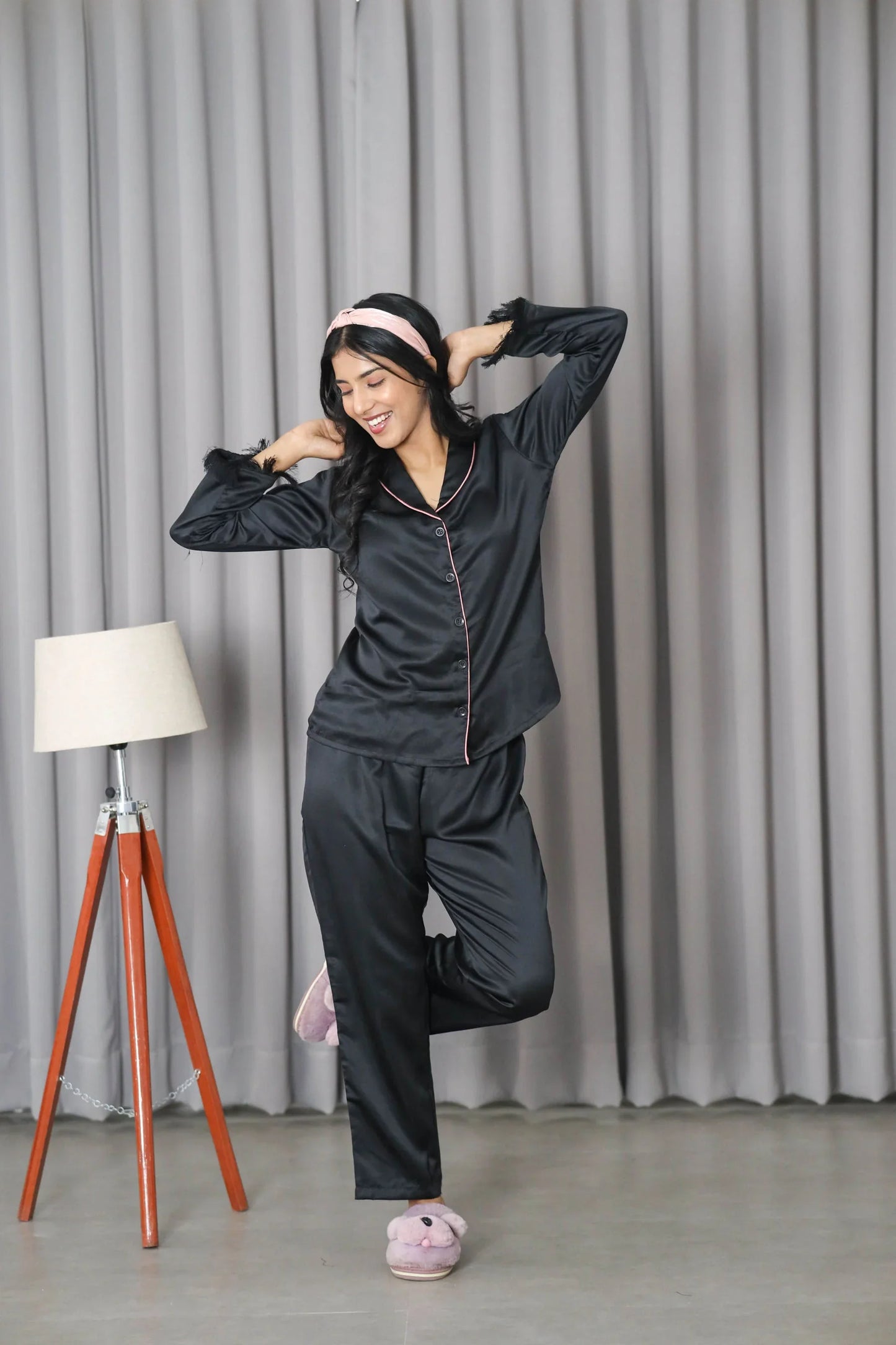 Night Wear Satin Shawl Collar Black Color Night Suit (Copy)
