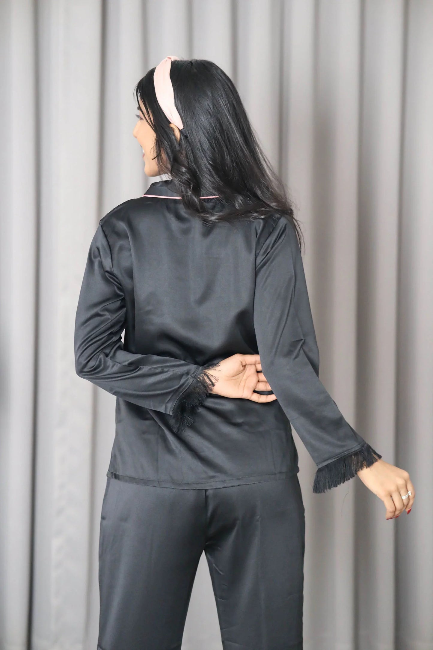 Night Wear Satin Shawl Collar Black Color Night Suit (Copy)