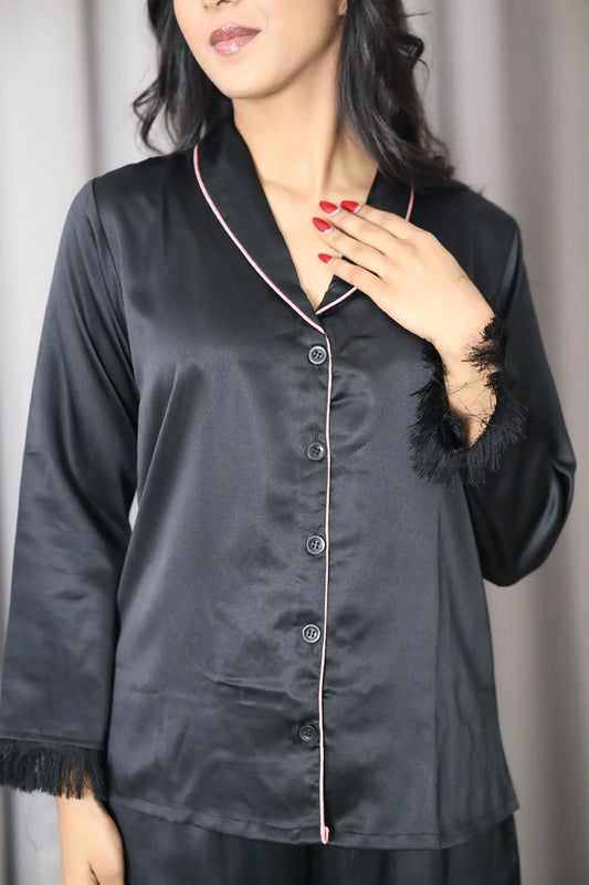 Night Wear Satin Shawl Collar Black Color Night Suit (Copy)