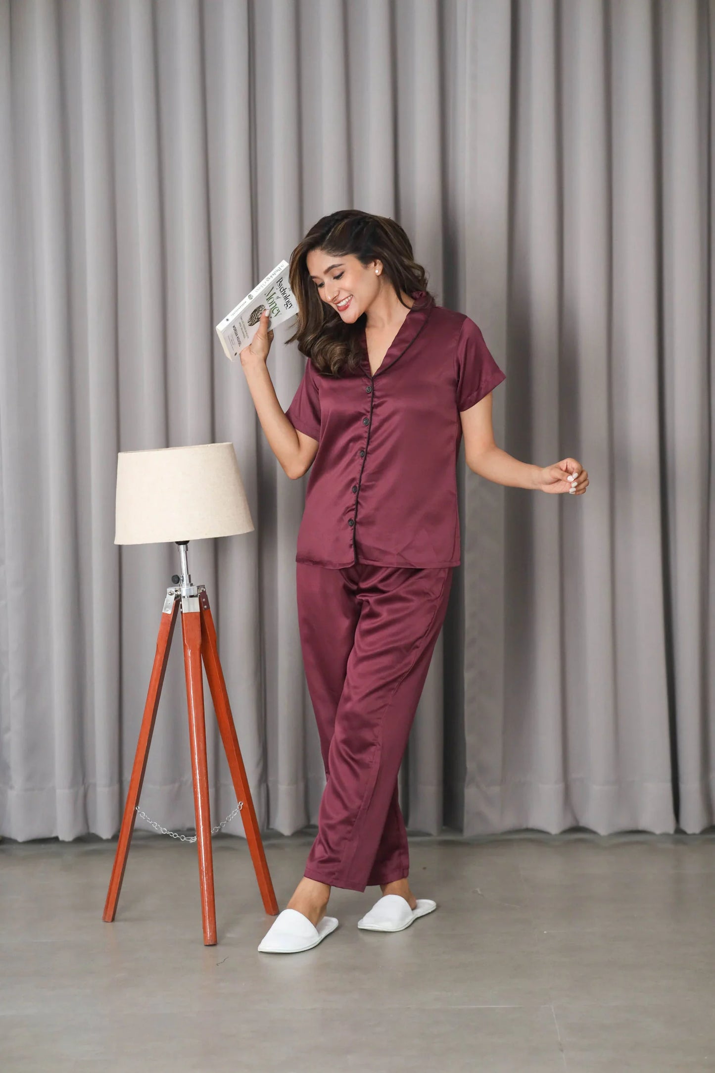 Night Wear Satin Shawl Collar Wine Color Night Suit