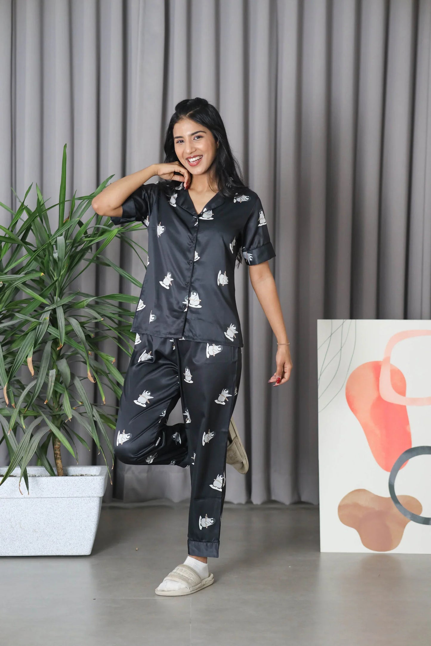 Night Wear Satin Black Color Penguin Printed Night Suit