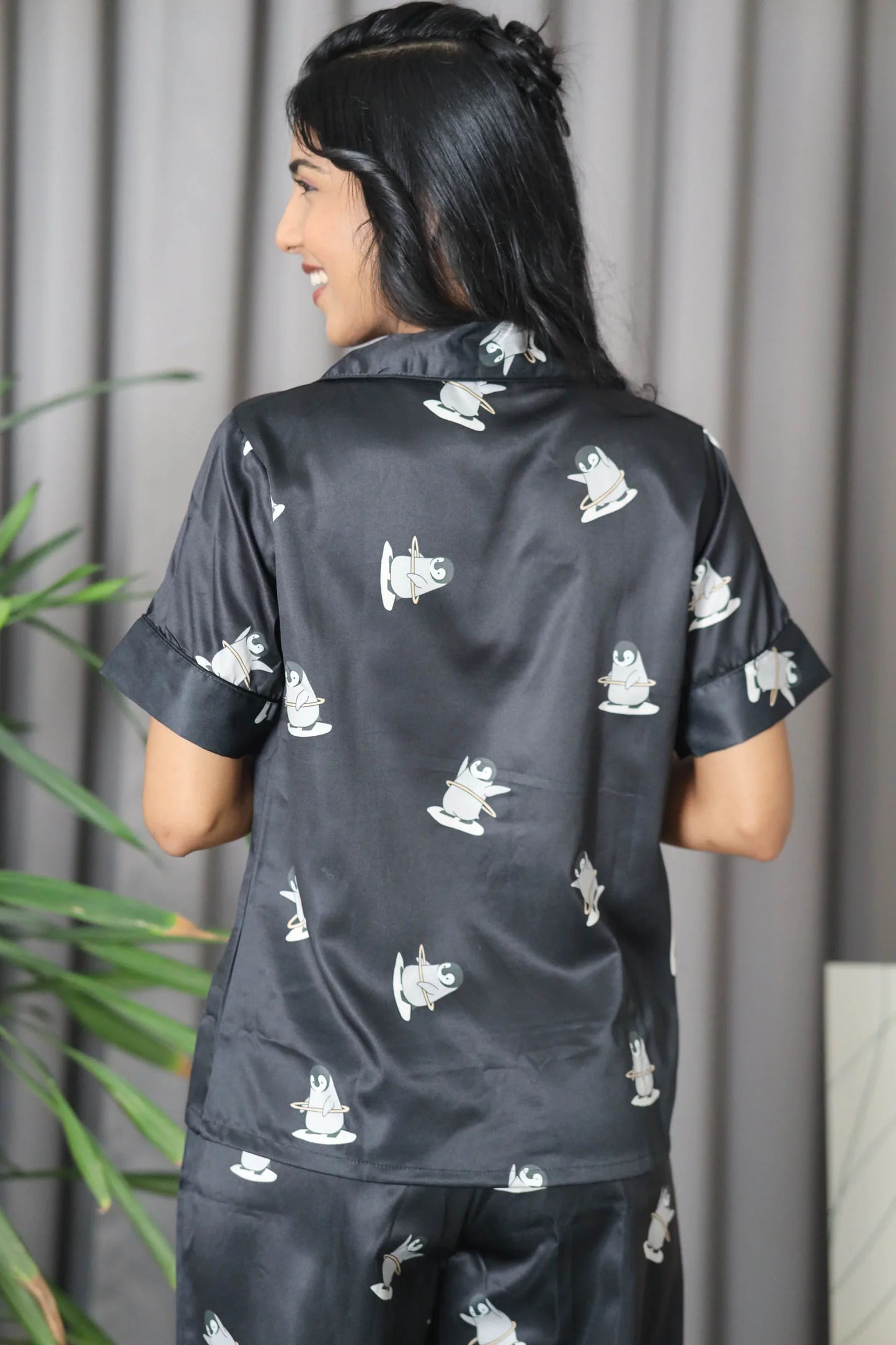Night Wear Satin Black Color Penguin Printed Night Suit