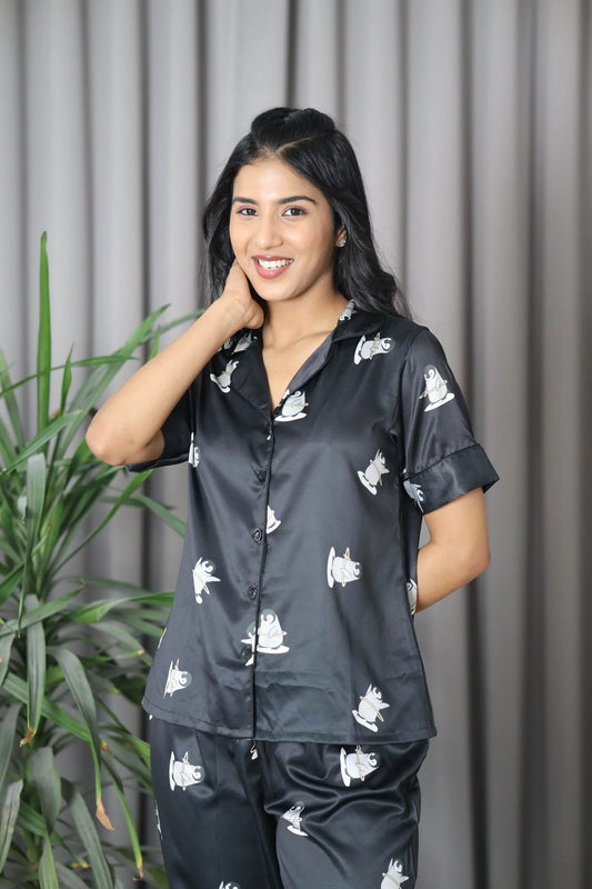 Night Wear Satin Black Color Penguin Printed Night Suit