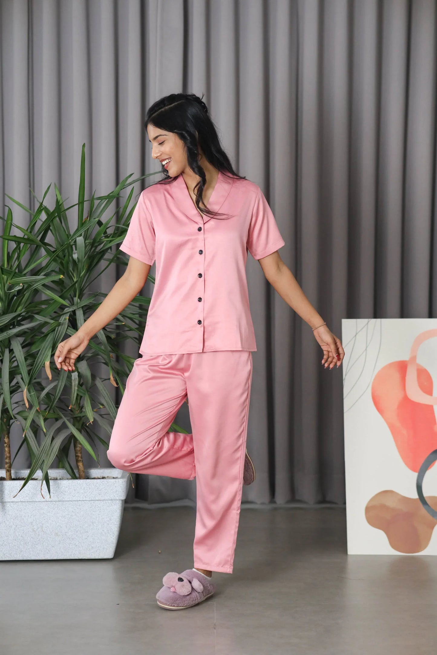 Night Wear Satin Shoulder Collar Rose Gold Color Night Suit