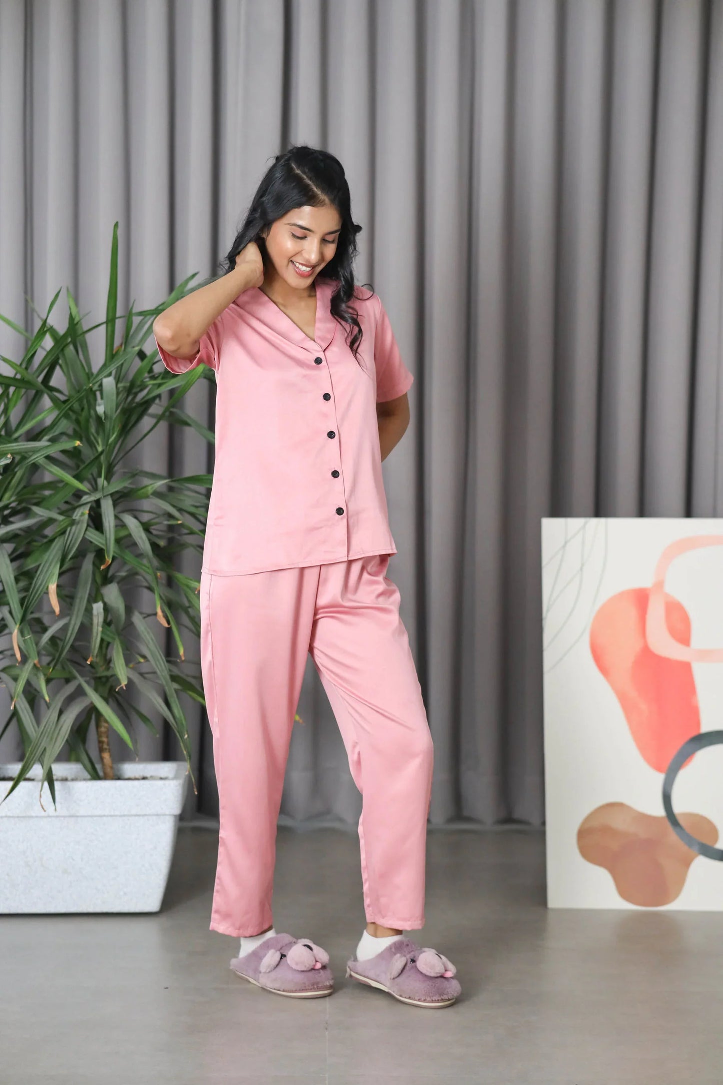 Night Wear Satin Shoulder Collar Rose Gold Color Night Suit