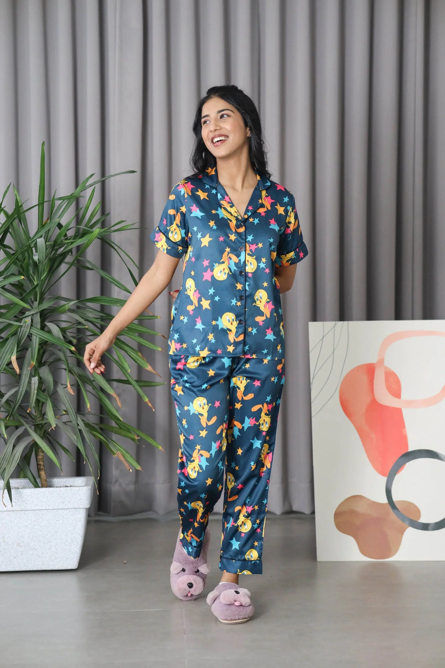 Night Wear Satin Teal Blue Tweety Print Night Suit