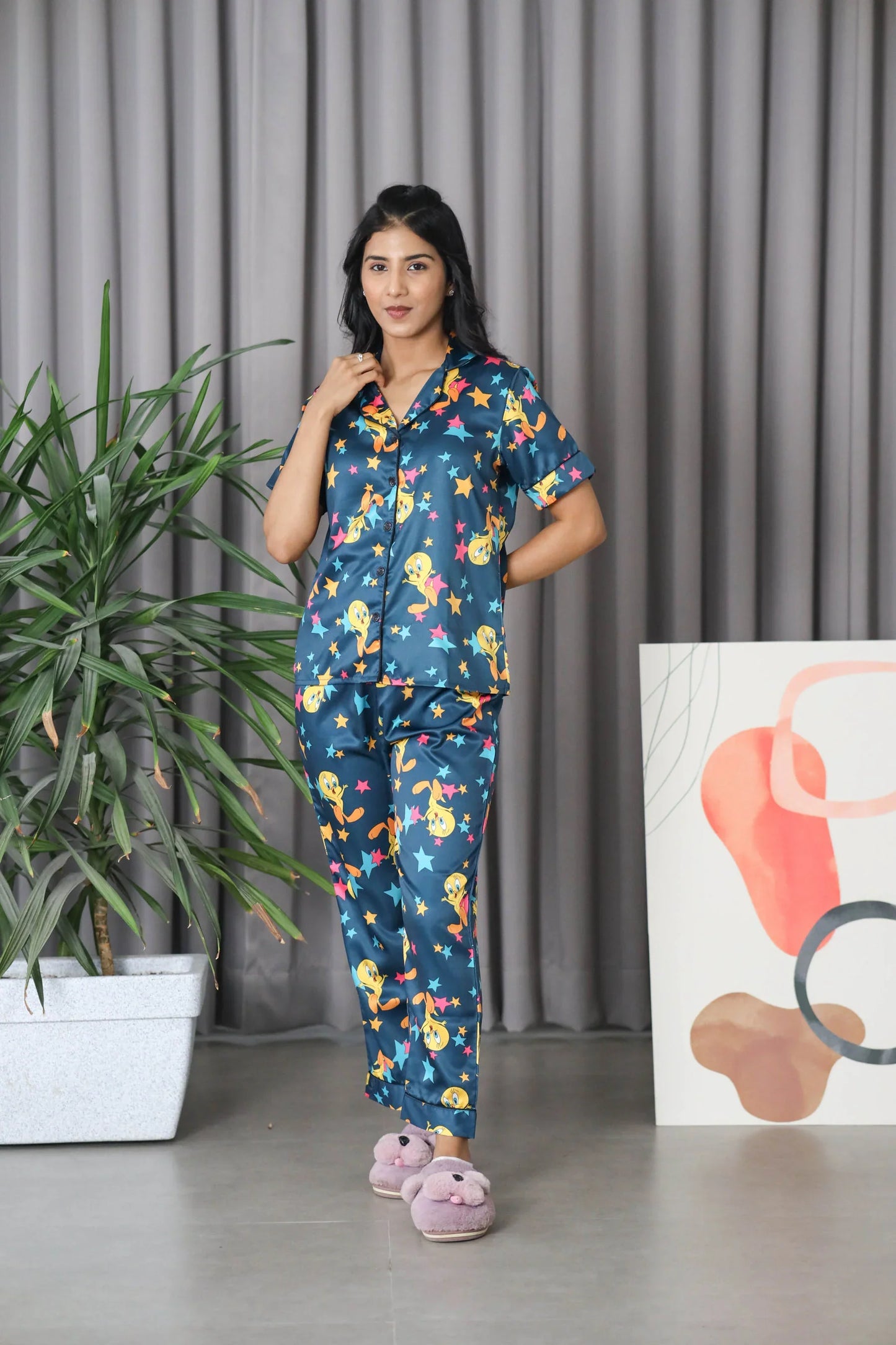Night Wear Satin Teal Blue Tweety Print Night Suit