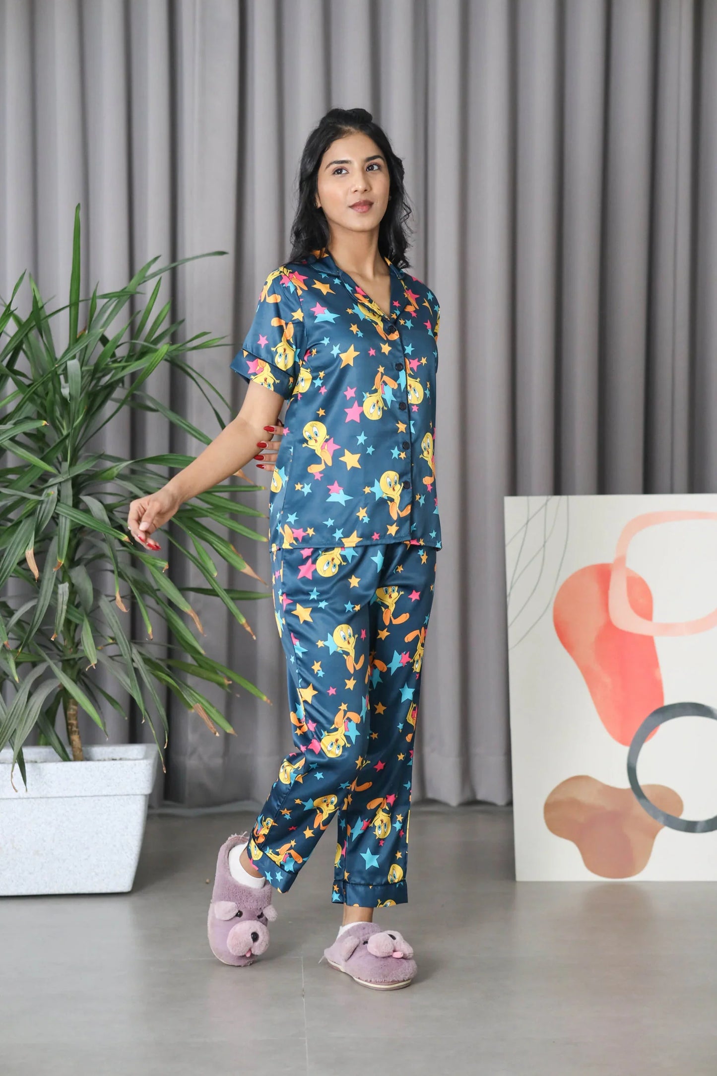 Night Wear Satin Teal Blue Tweety Print Night Suit