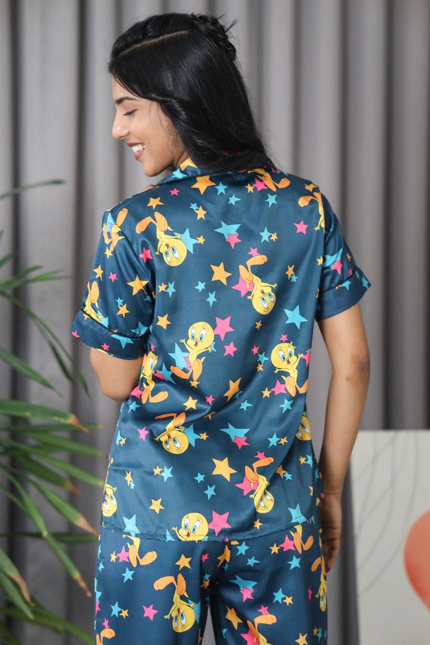 Night Wear Satin Teal Blue Tweety Print Night Suit