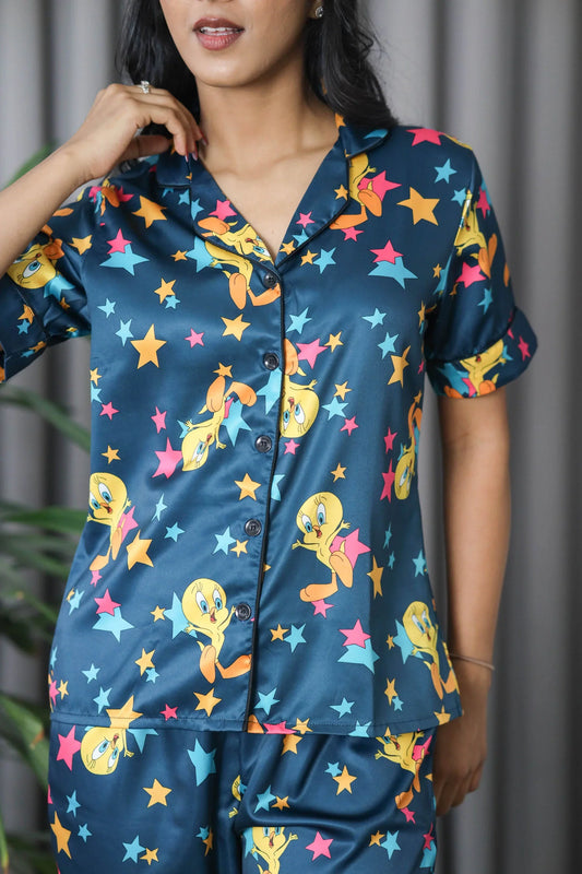 Night Wear Satin Teal Blue Tweety Print Night Suit