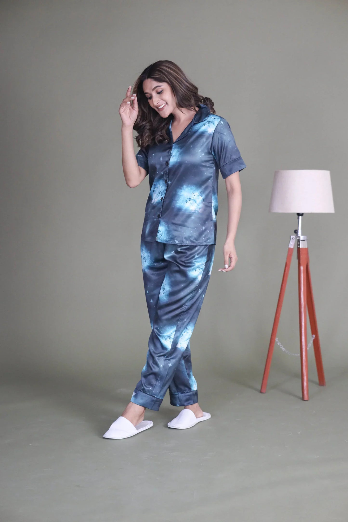 Night Wear Satin Blue Color Dolphin Print Night Suit