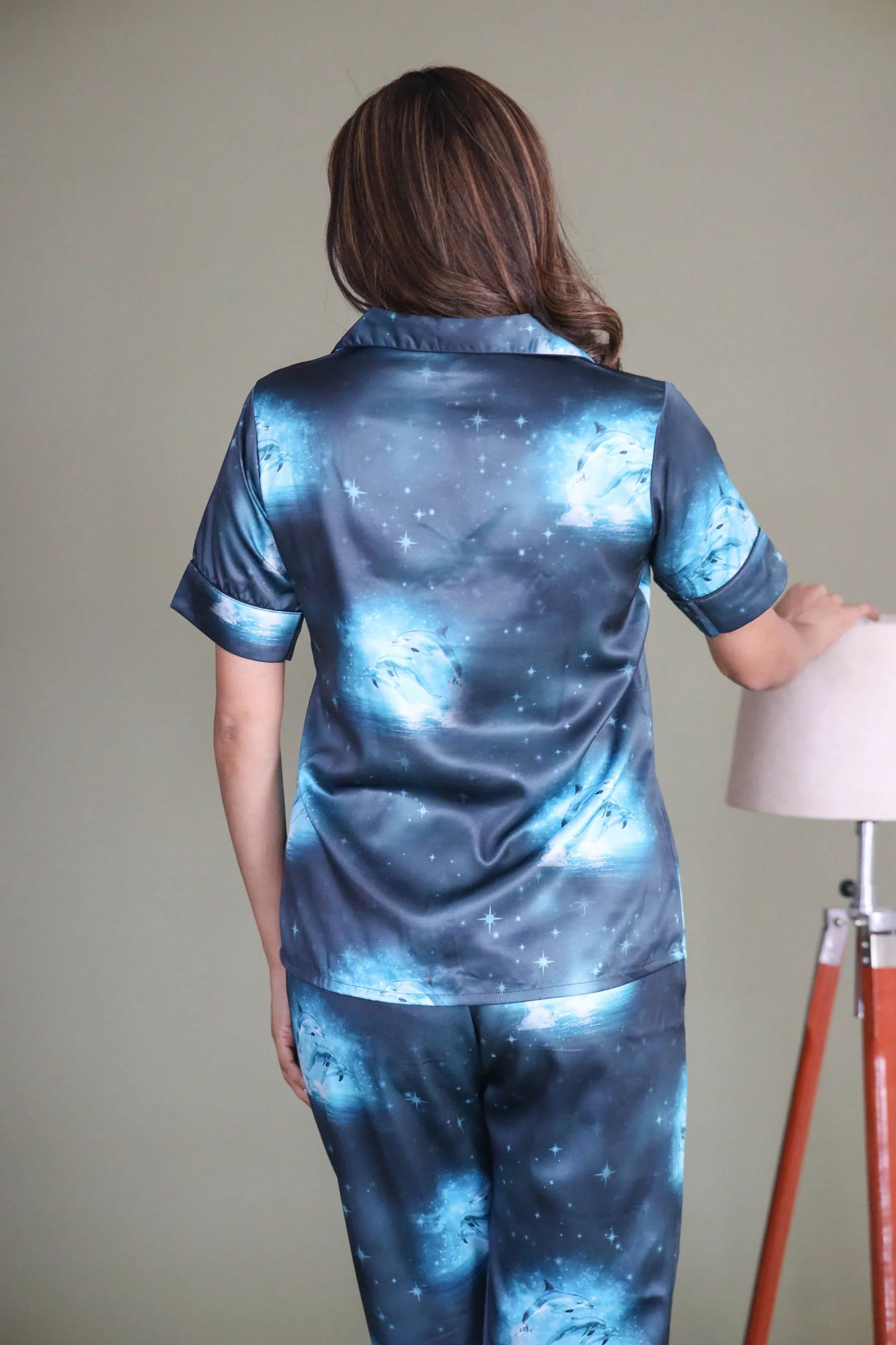 Night Wear Satin Blue Color Dolphin Print Night Suit