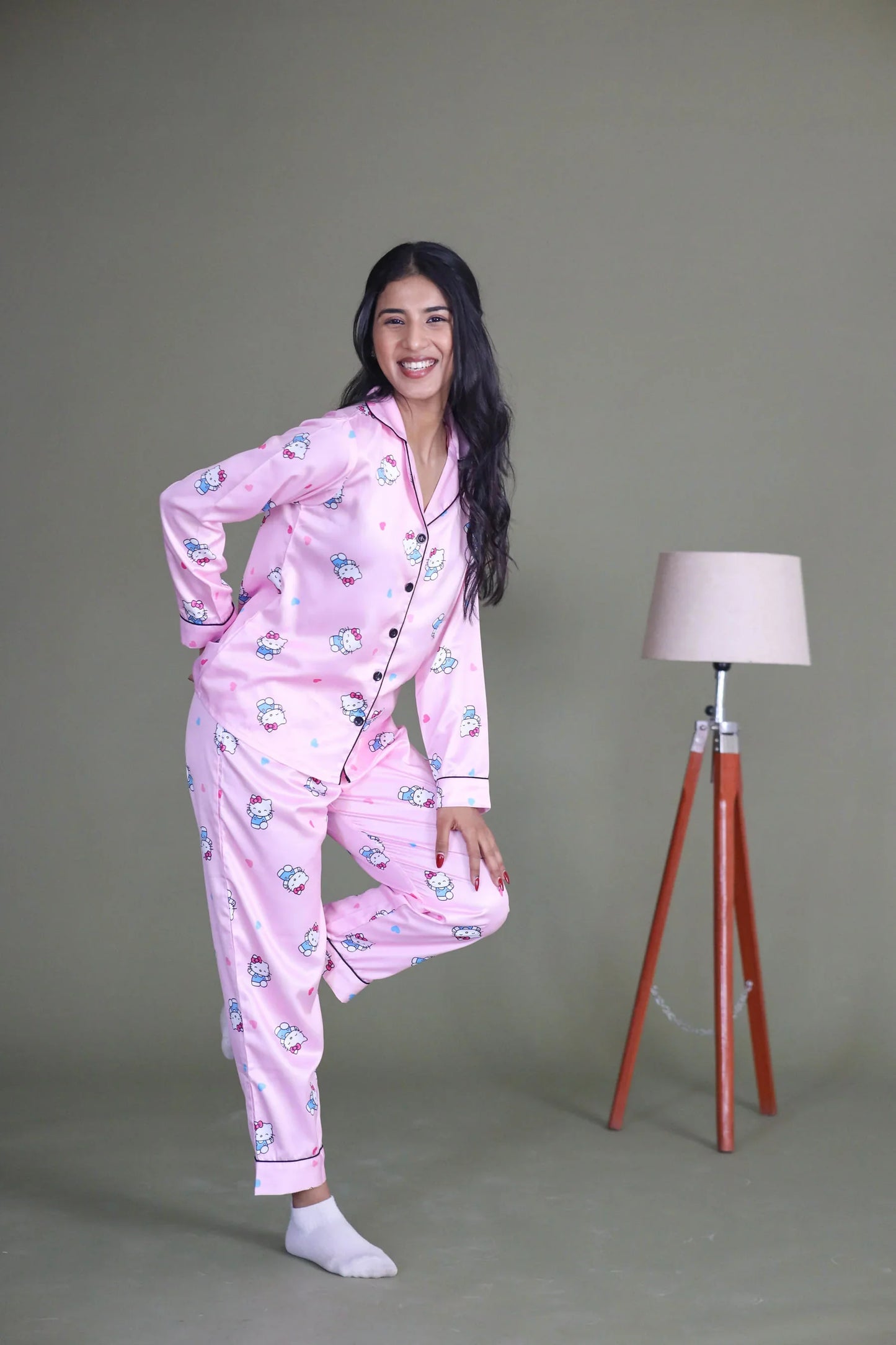 Night Wear Satin Pastel Pink Color Hello Kitty Print Night Suit