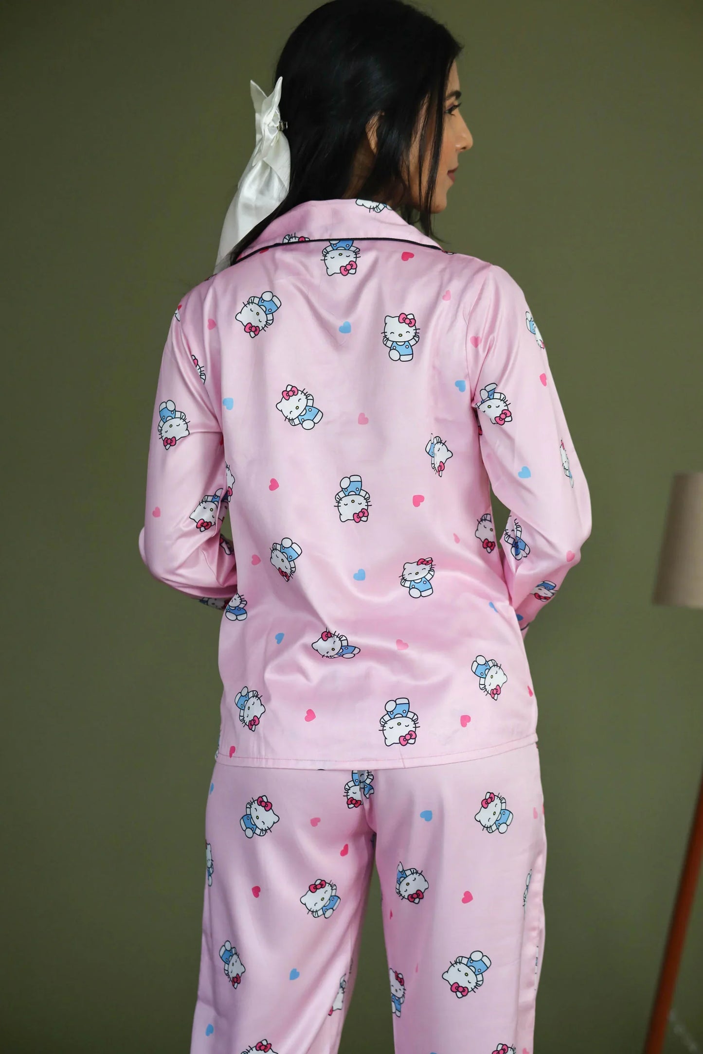 Night Wear Satin Pastel Pink Color Hello Kitty Print Night Suit