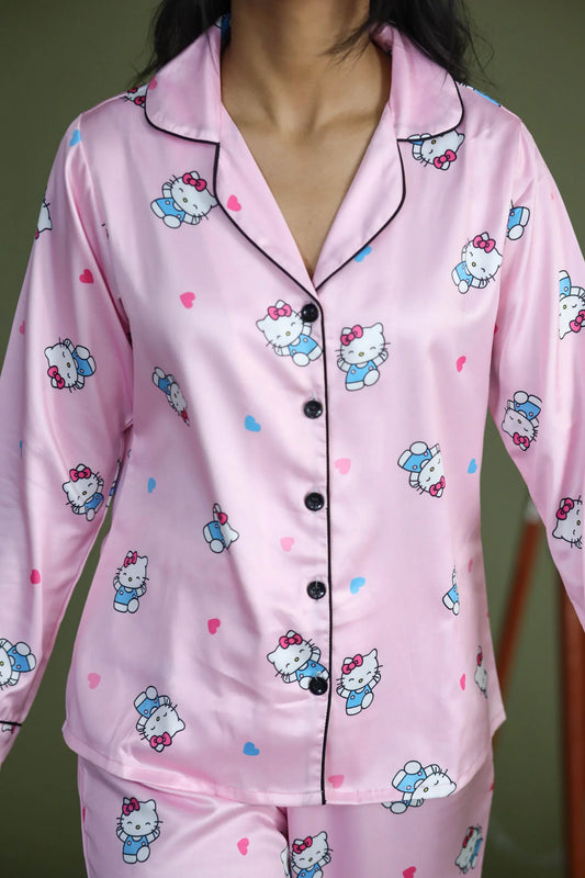 Night Wear Satin Pastel Pink Color Hello Kitty Print Night Suit