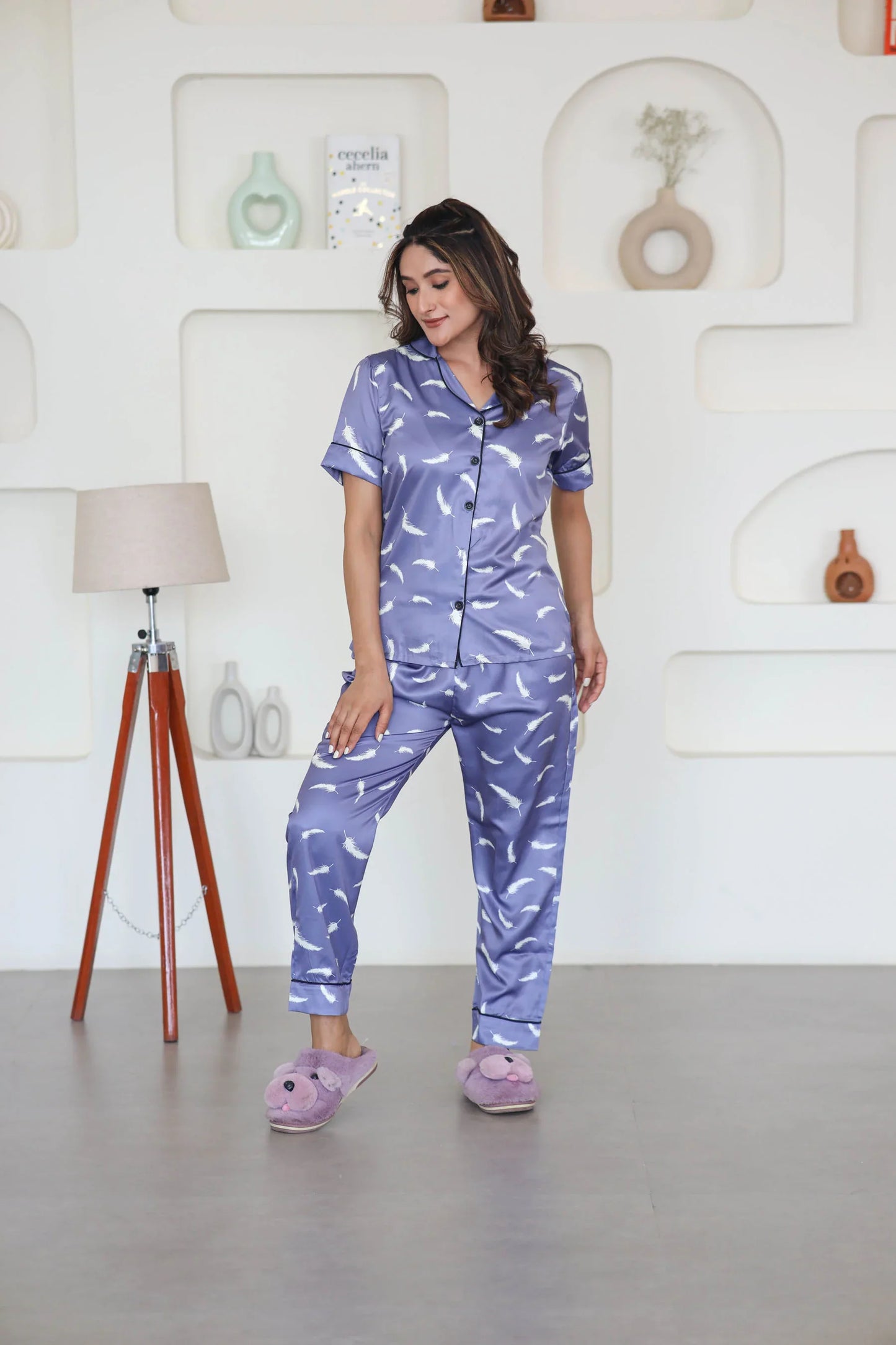Night Wear Satin Lavender Color Feather Print Night Suit