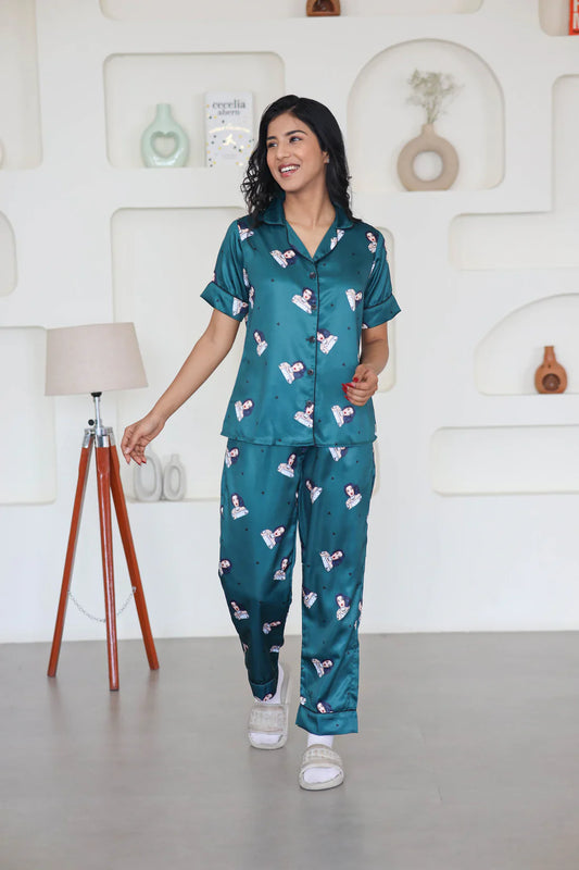 COMBO OF 2 Night Wear Satin Bottle Green Sea-Green Color suits