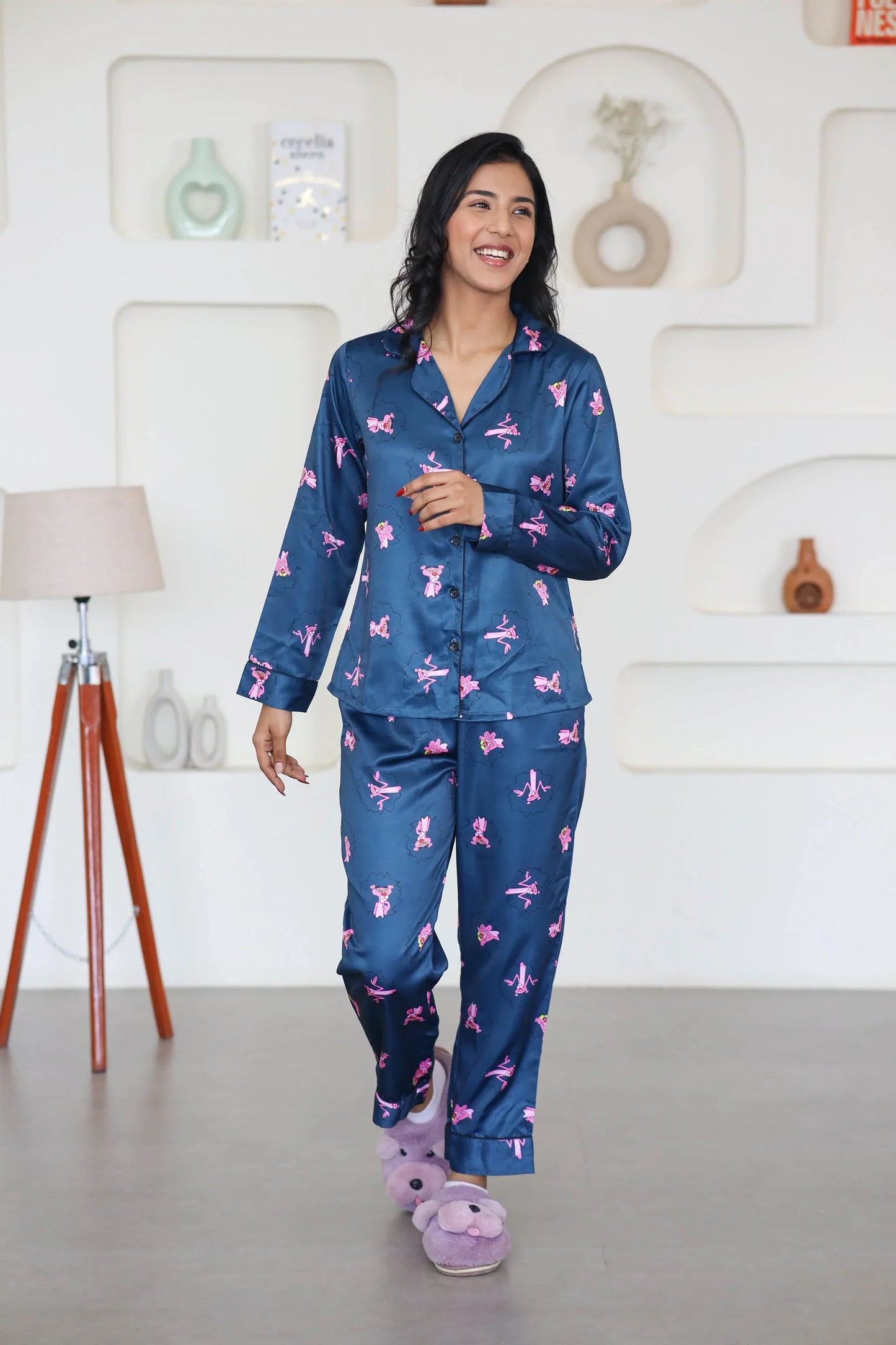 Night Wear Satin Teal Blue Color Pink Panther Print Night Suit