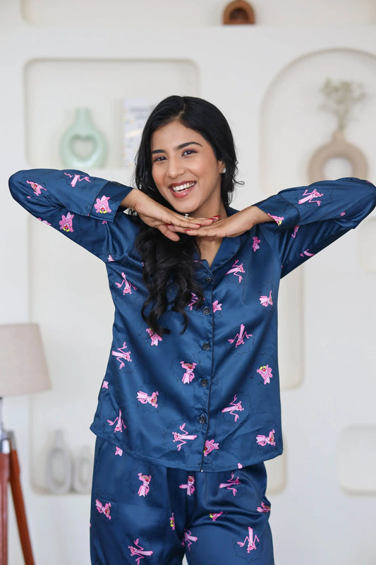 Night Wear Satin Teal Blue Color Pink Panther Print Night Suit