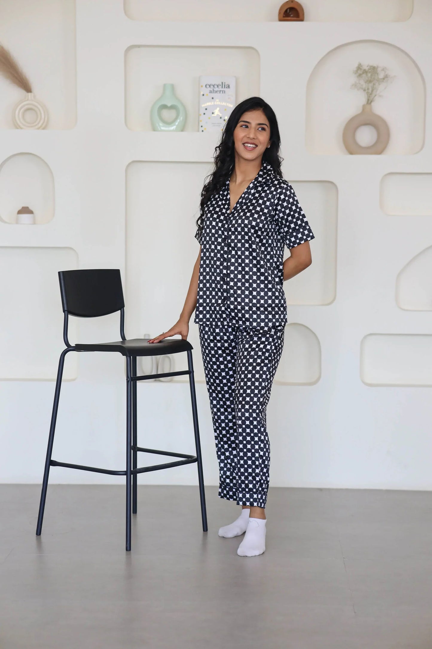 Night Wear Satin Black & White Color Geometric Printed Night Suit
