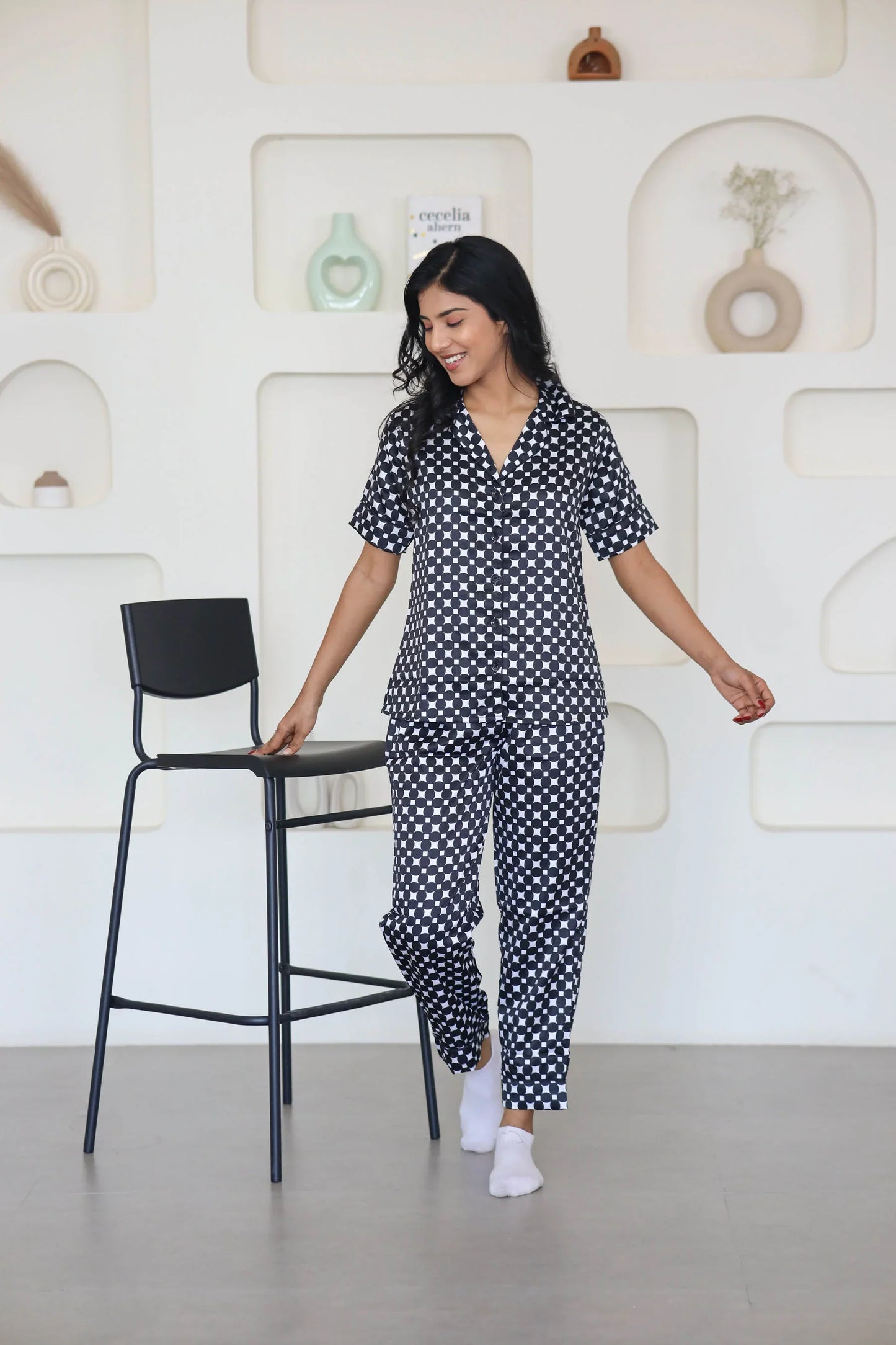 Night Wear Satin Black & White Color Geometric Printed Night Suit