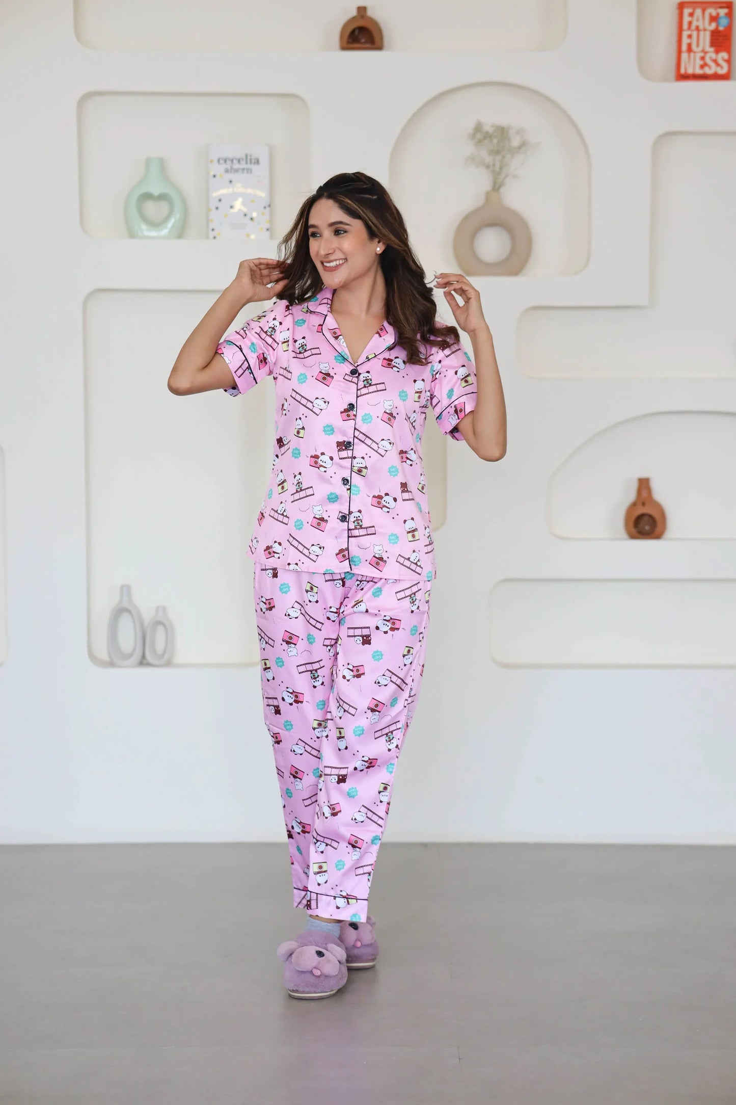 Night Wear Satin Pink Color Teddy Bear Night Suit