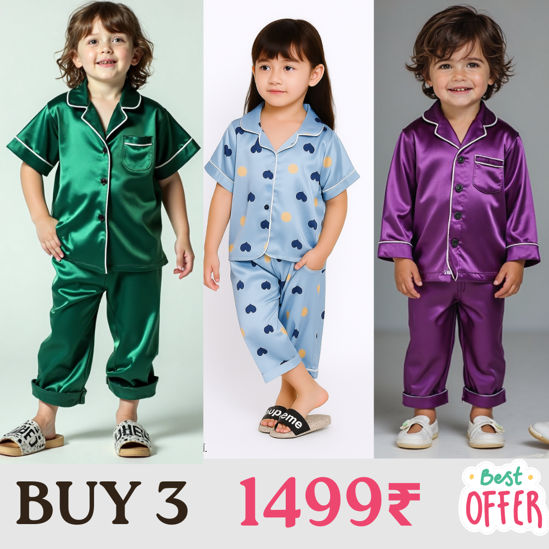 3 NIGHT SUITS COMBO FOR BOYS AND GIRLS (Green Violet Sky blue)