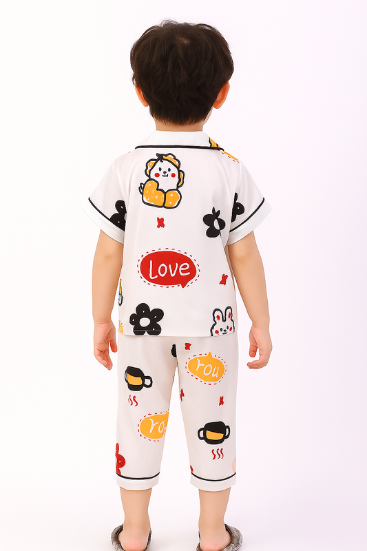 Printed White Satin Co-ord Set for Boys and Girls