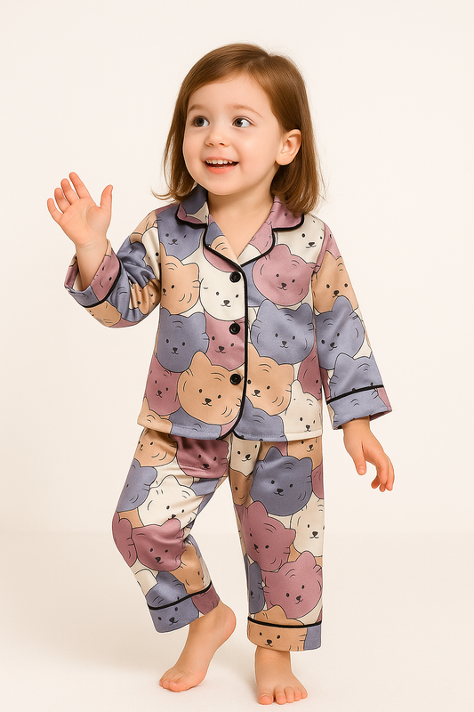 Printed Cat design Satin Co-ord Set for Boys and Girls