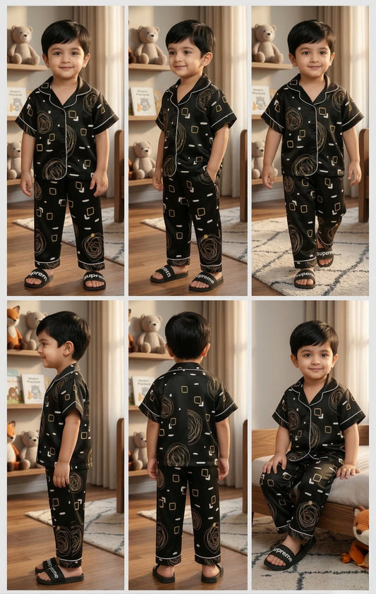 Printed Black Satin Co-ord Set for Boys and Girls