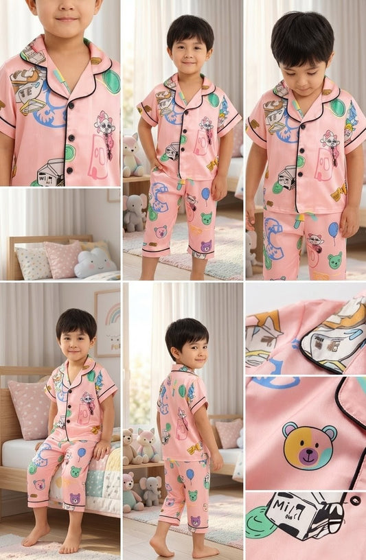 Printed peach Satin Co-ord Set for Boys and Girls