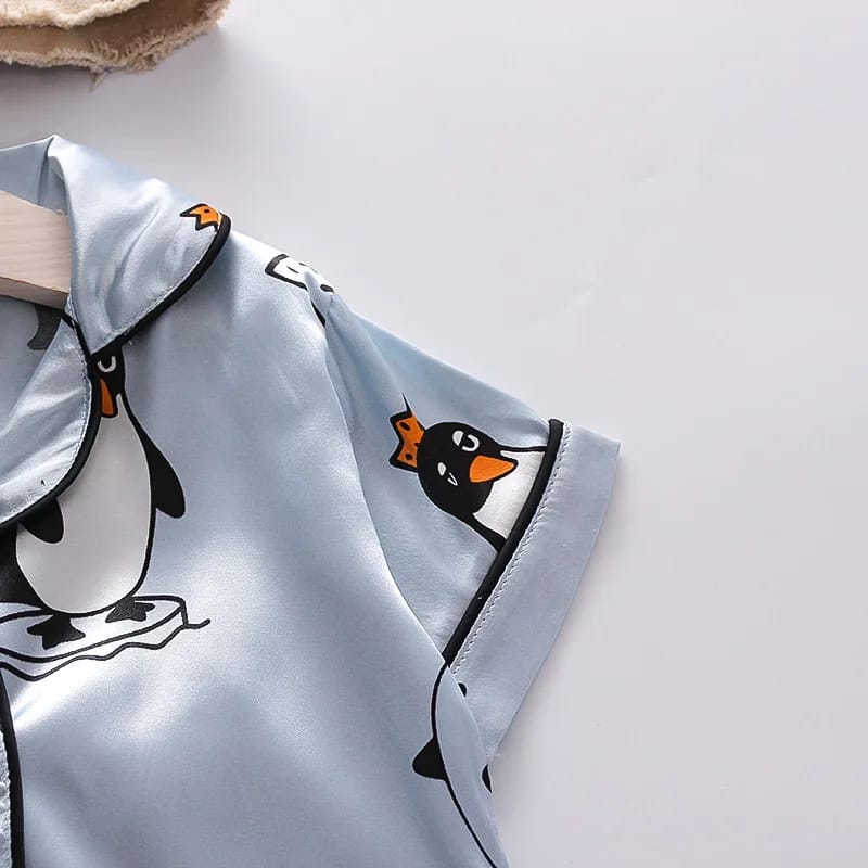 Printed Sky Blue Satin Co-ord Set for Boys and Girls