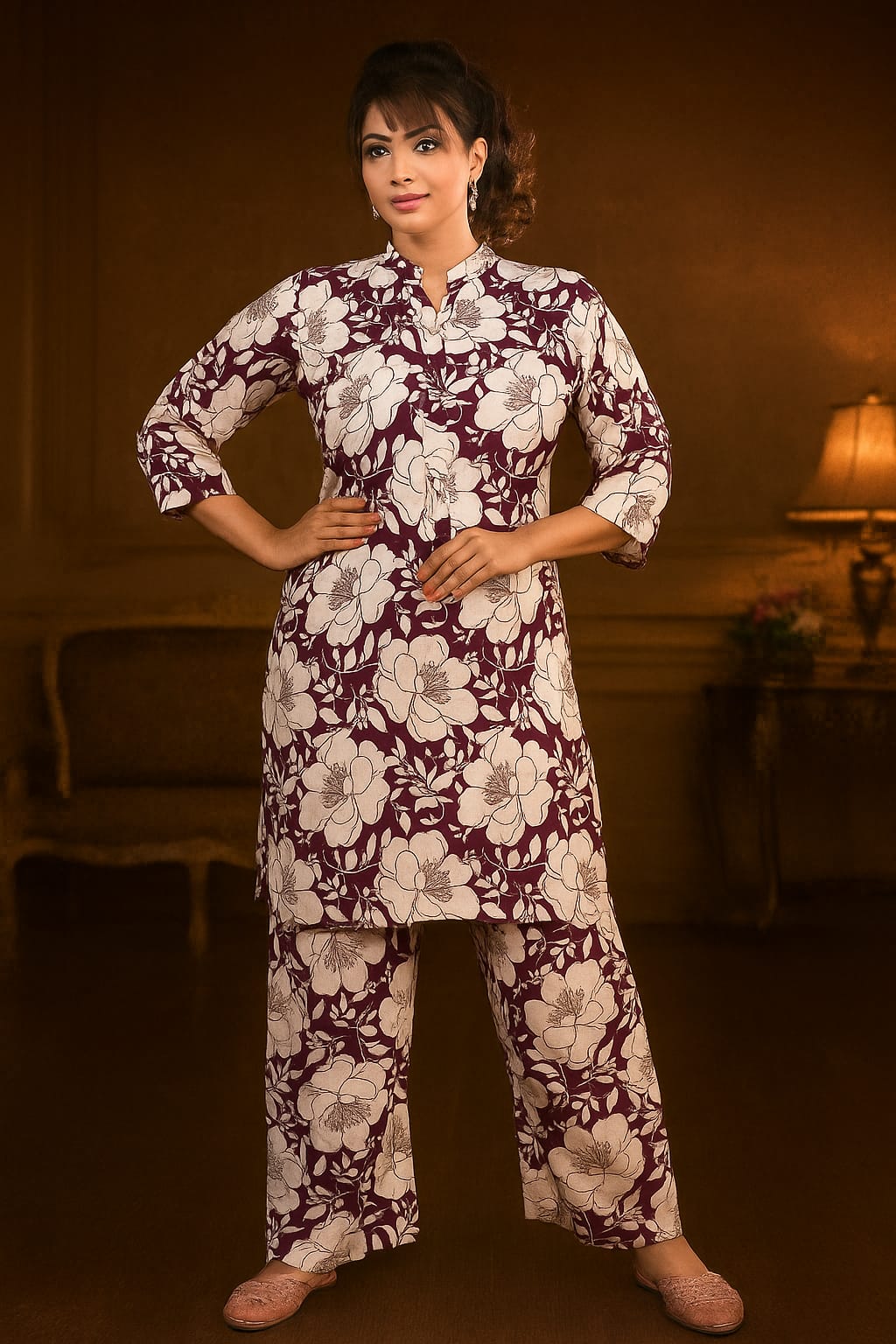 FLORAL PATTERN MAROON DRESS