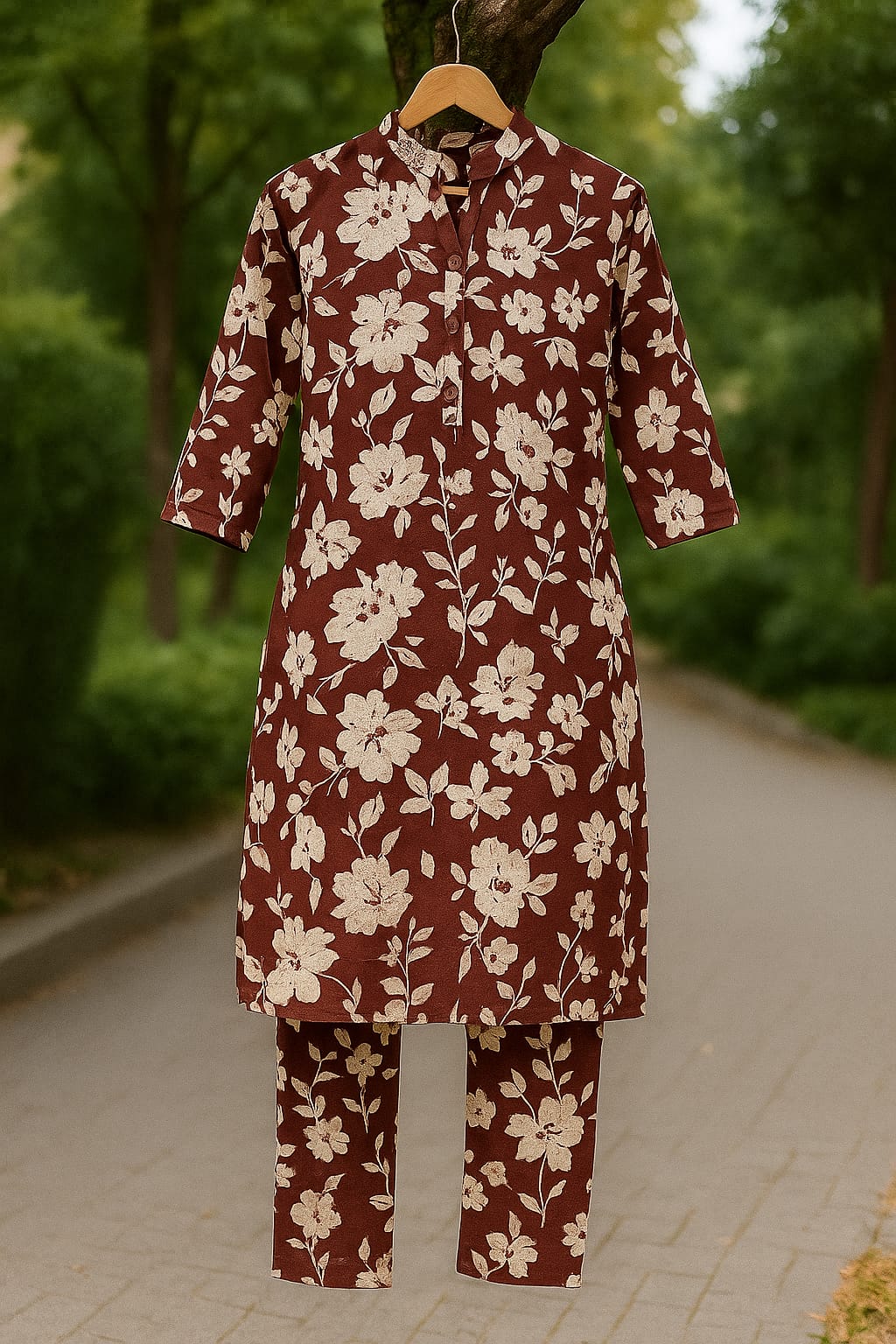 FLORAL PATTERN MAROON DRESS