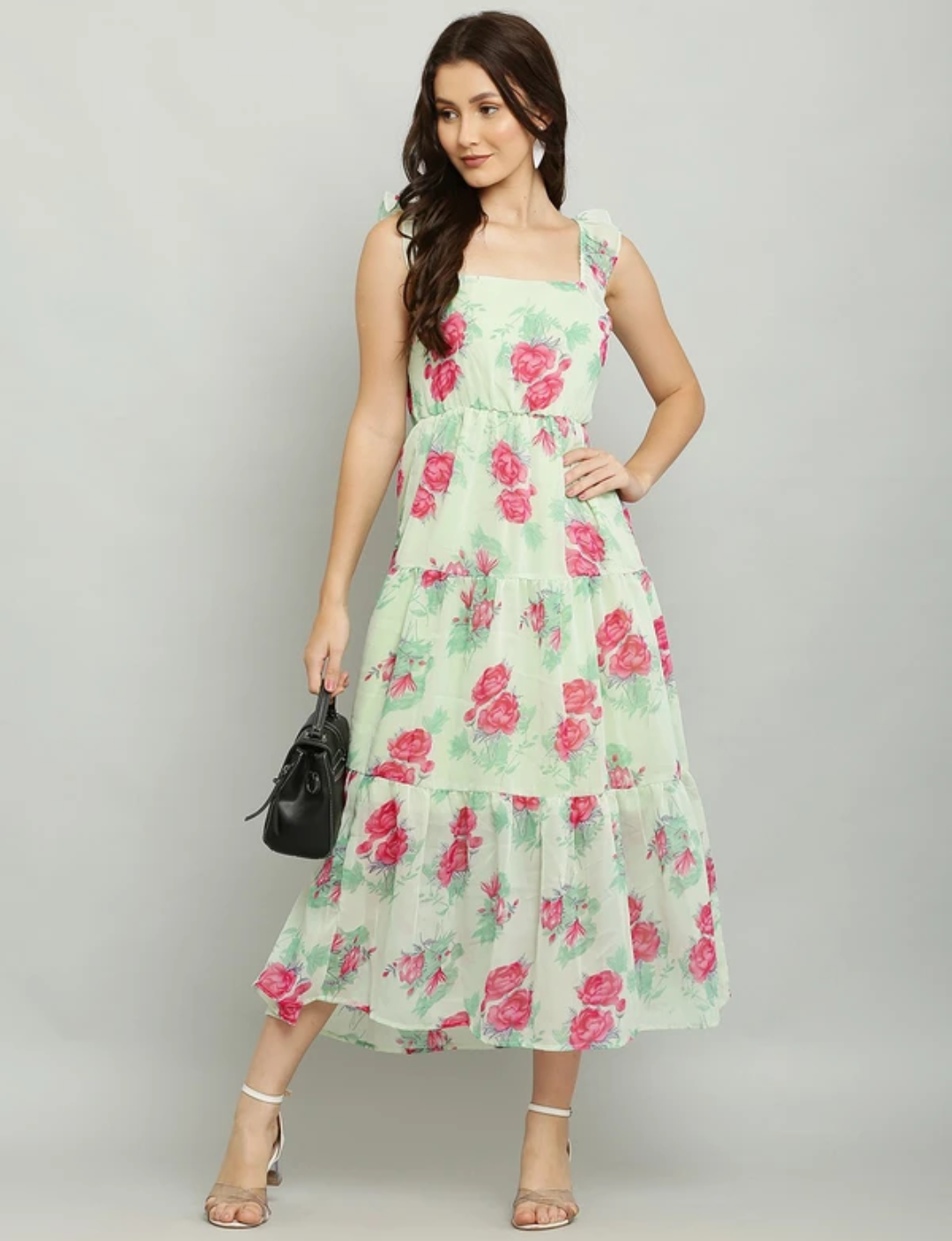 "Mint Rose Ruffle Midi Dress"