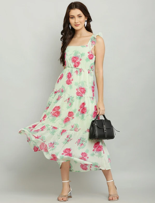 "Mint Rose Ruffle Midi Dress"
