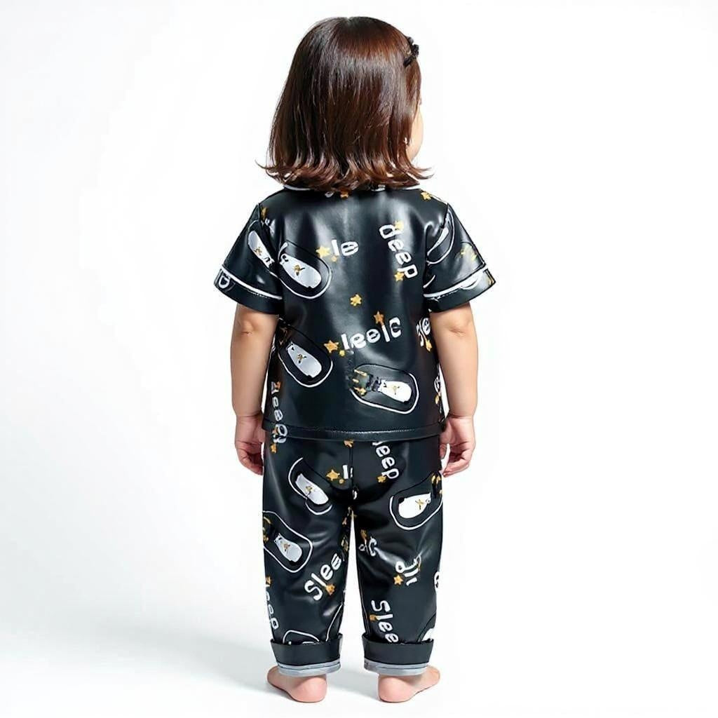 Printed Blue Black Satin Co-ord Set for Boys and Girls