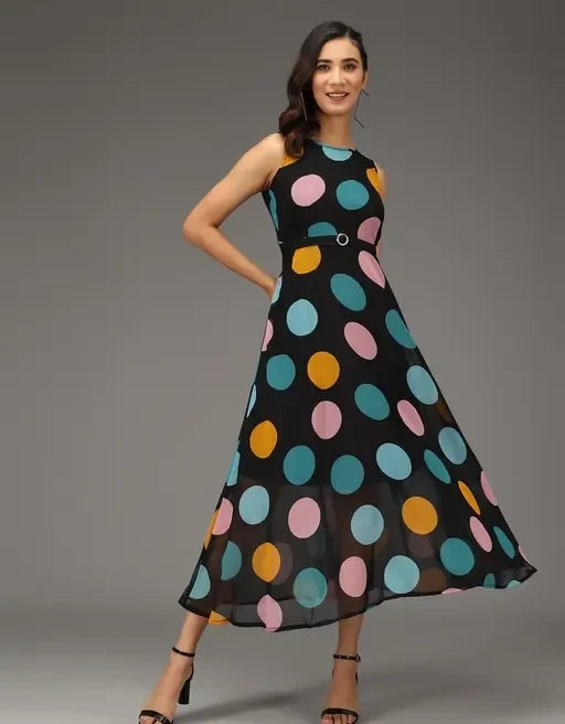 BLACK DOTED MIDDI WOMEN DRESS