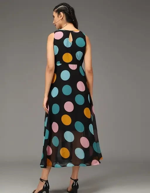 BLACK DOTED MIDDI WOMEN DRESS