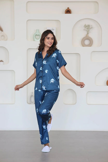 Night Wear Satin Satin Teal Blue Color  Night Suit