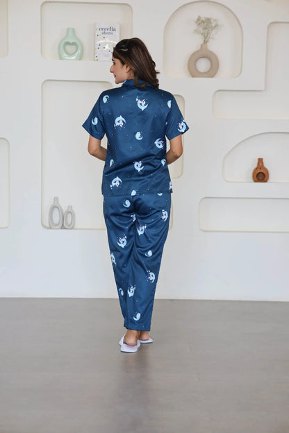 Night Wear Satin Satin Teal Blue Color  Night Suit