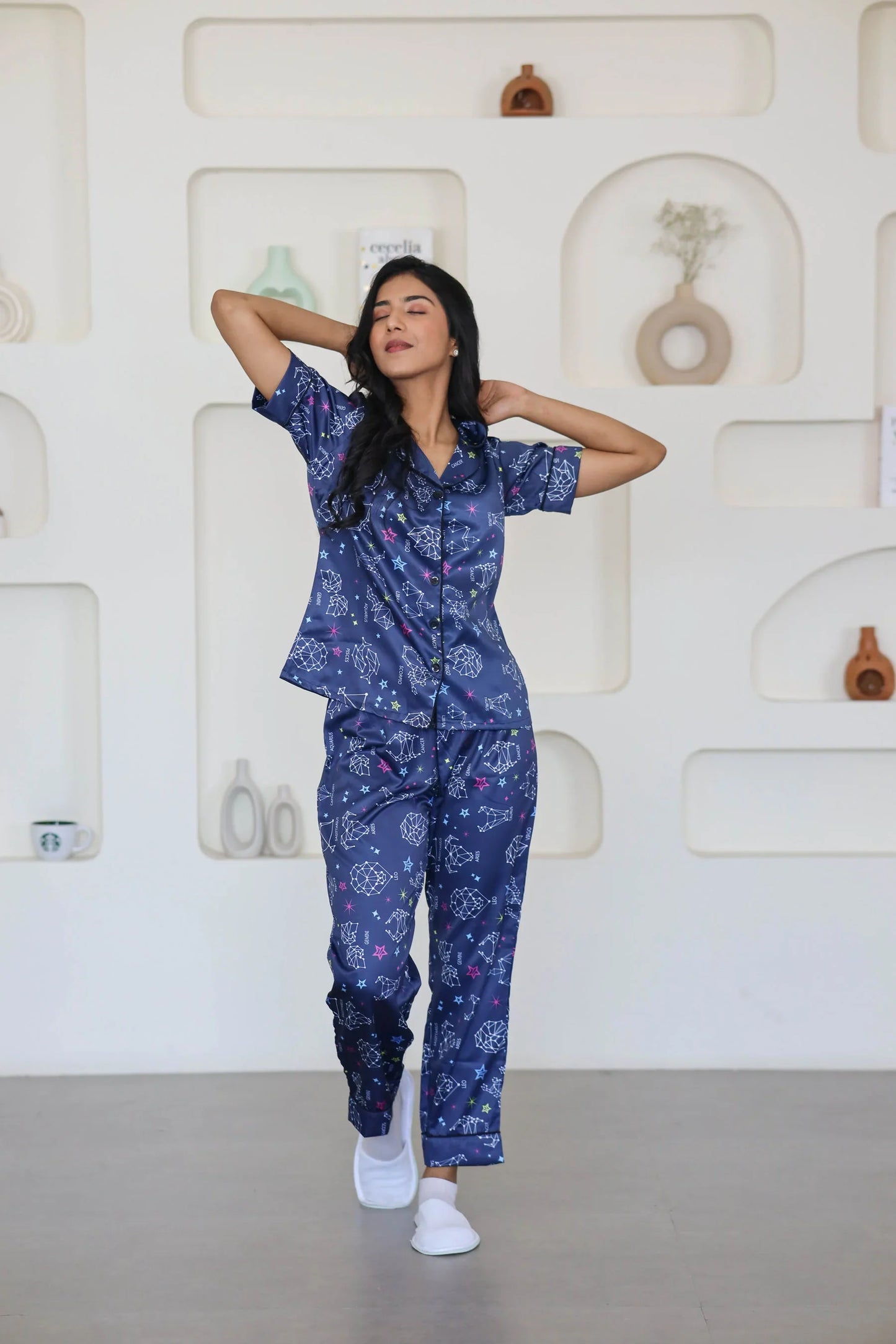 Night Wear Satin Teal Blue Color Horoscope Printed Night Suit