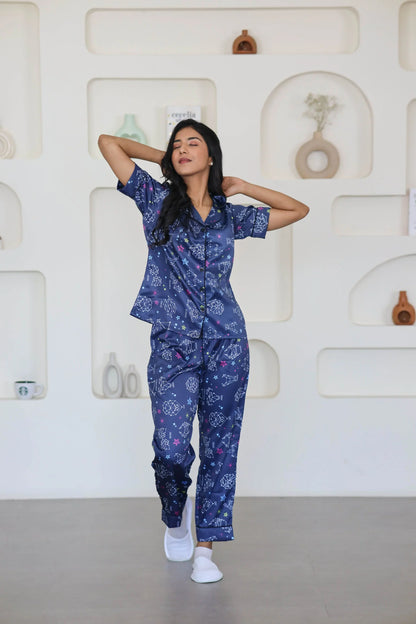 Night Wear Satin Teal Blue Color Horoscope Printed Night Suit